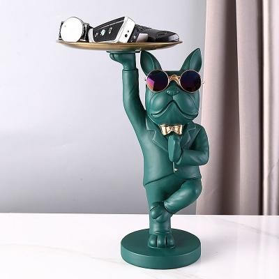 China Creative Europe French Bulldog Sculpture Storage Tray With Glasses Yoga Standing Resin Bulldog Statue for sale