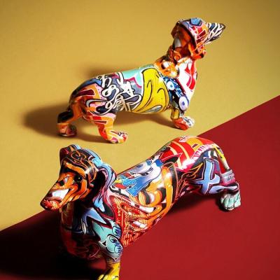 China Nordic luxury home decoration resin graffiti dog statue dachshund dog figurine from Europe for sale