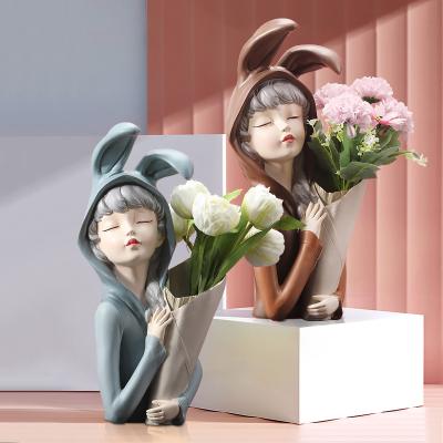 China Nordic Creative Europe Living Room Figurine Cabinet Resin Girl Vase Open Cute Rabbit Ear Bubble Girl Flower Vase For Home Decor for sale