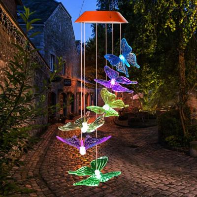 China Amazon Best Selling ABS Plastic Color Solar Garden Wind Chimes Bestselling Home Patio Tree Window Decor LED Butterfly Hanging Light Lamp for sale