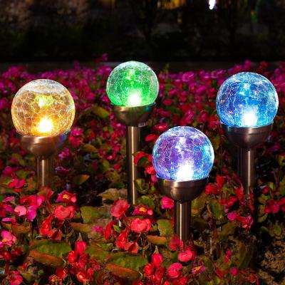 China Garden Factory Price Outdoor Color Changing LED Lamp RGB Pathway Landscape Stick RGB Crack Glass Ball Double Stake Solar Garden Lights for sale