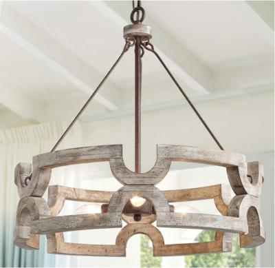 China Vintage Wooden Chandelier Attic Metal Lamp Farmhouse LED Island Modern High Ceiling Antique Rustic Light Industrial Wooden Pendant Drum Retro for sale