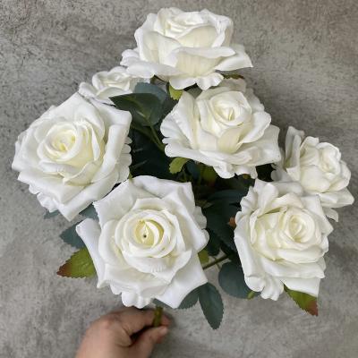 China White Rose Flowers Wedding Natural Touch Bouquet 9 Heads Roses Wholesale for sale