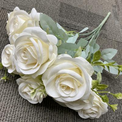 China Hot Sale 9 Heads Bridal Fabric Artificial Rose Bouquet Flowers For Wedding Bouquet for sale