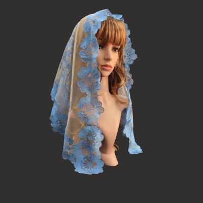 China 2021 Polyester Blue Muslim Wedding Cape Ladies Lace Up Bridal Shawl Scarf Mantillas For Church Wedding Lace Veil for sale