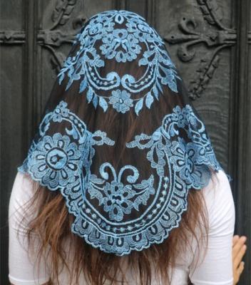 China Polyester Chiffon Triangular Women Head Covering Lace Mantilla Embroidery Lace Shawl Chapel Veil for sale