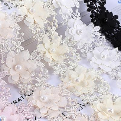 China Sustainable Wholesale 3D Polyester Chiffon Flower Lace Up Trim With Beads for sale