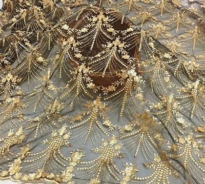 China Sustainable Gold Thread Embroidery Tulle Mesh Lace Fabric For Women Dress for sale