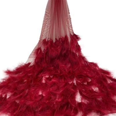 China handmade simple red feather lace fabric colorful 3D feather children's princess dress wedding dress feather lace fabric for sale