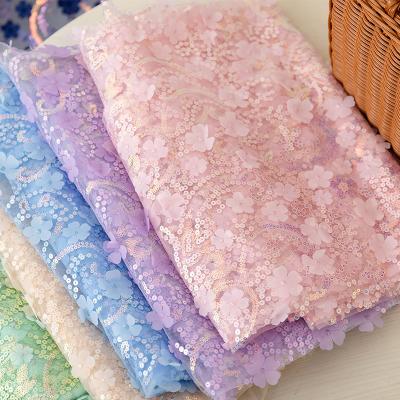 China Seven Color 3D Flower Viable Tulle Mesh Embroidery Sequin Flower Lace Fabric For Decorative Curtain Tablecloth Garment for sale