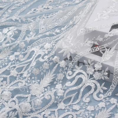 China George White Bridal Lace Fabric handmade with sequins and beading 3D beads lace fabric for sale