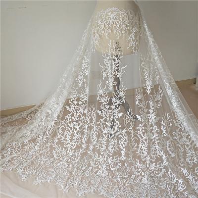 China Breathable Ivory Tulle Mesh Polyester Embroidery Lace Fabric For Wedding Dress Curtain Lace Material for sale