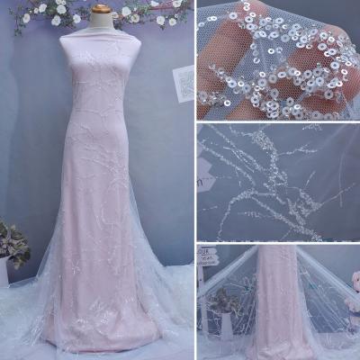 China 2019 New Design Viable Silver Bead Sequin Embroidery Lace Fabric, Tulle Mesh Wedding Lace Fabric for sale