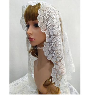 China Lace Catholic Veil Wedding Beading White Edge Lace Veil Embroidery Lace Mantilla for sale