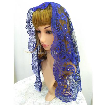 China Lace Edge Spanish Lace Blue Beading Mantilla Authentic Lace Veil For Wedding for sale