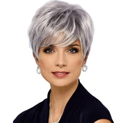 China G&T Hair Wig Short Layered Gray Pixie Cut Wigs Short Curly Ribbon Layered Hair Heat Resistant Synthetic Fiber for sale