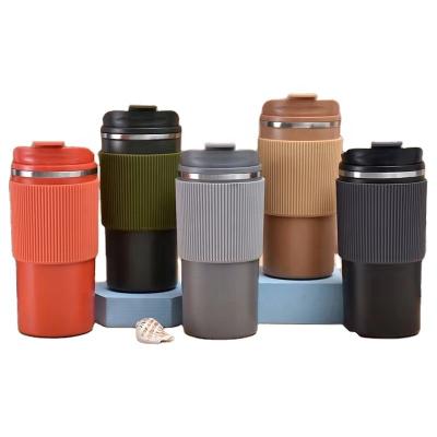 China 450ML Viable Tumbler Thermal Coffee Cup with Elastic Band Double Wall Stainless Steel Coffee Flask Non-Slip 304 Stainless for Office for sale