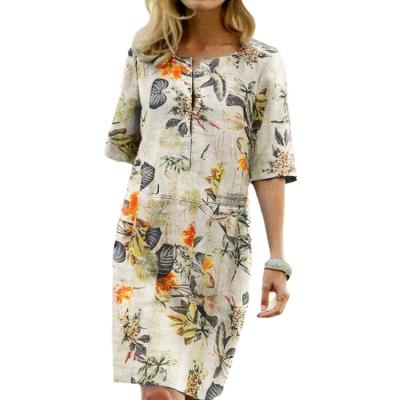 China 2021 Summer Viable Sunbathing Vintage Cotton Party Short Dress Bohemian Canvas Women Floral Printed Casual Short Sleeve for sale