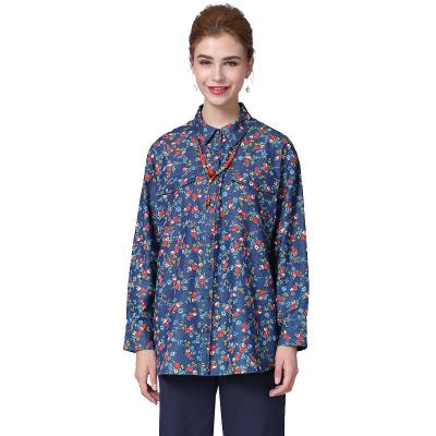 China Breathable Womens Button up Shirt Yellow Shirt Collared Shirt Long Sleeves Printing Cotton Blouses for sale