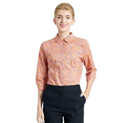 China Women's Spring Work Shirt 3/4 Sleeve Collared Shirt Blouses Tops Orange Classic Fashionable Cotton Anti-Shrink for sale