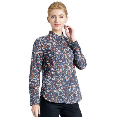 China Anti Shrink Women's Spring Summer Work Shirt Long Sleeve Collared Shirt Blouses Tops Dotted Print Shirts Blue Classic Cotton for sale