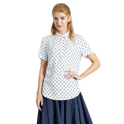 China Women's Summer Work Shirt Anti Shrink Short Sleeve Dotted Print Satin Tops Collared Blouse Black White Button Down Shirt for sale