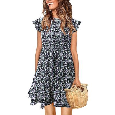 China Anti-wrinkle women flower casual fancy knee length sleeveless floral print dress elegant ladies printing loose dress for sale