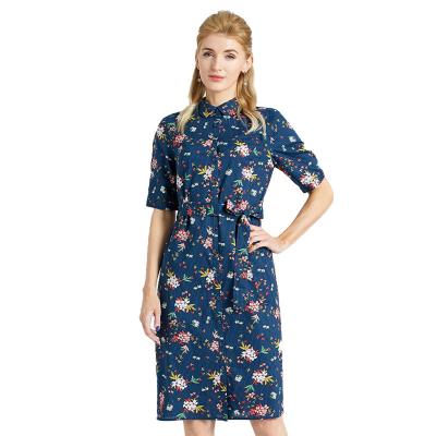 China Anti-Wrinkle Women's Summer Shirt Sleeve Midi Casual Floral Dress Short Button Down Knee Length Blue Casual Dresses for sale