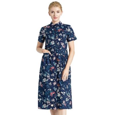 China Anti-Wrinkle Women's Summer Shirt Dresses Midi Short Dress Floral Casual A Line Button Down Dress Cotton Knee Length for sale