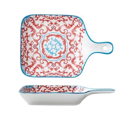 China Hot Selling Bohemian Home Bakeware Use Ceramic Serving Dish With Handle for sale