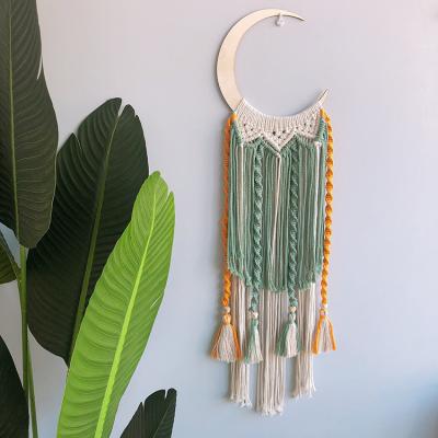 China Nordic Bohemian Wooden Moon Macrame Decor Farmhouse Boho Crescent Tapestry Wall Hanging with Long Tassel Dorm Room Decor Accessories for sale