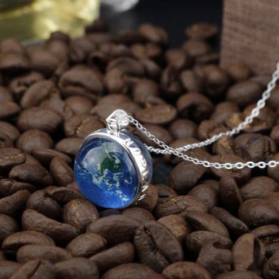 China TRENDY Custom 925 Sterling Silver Elegant Glowing Luminous World Map Round Jewelry Double Sided Glass Ball Pendant Necklace For Women for sale