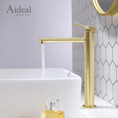 China Metered Faucets 2023 PVD Brushed Gold Single Handle Deck Mounted High Carved Modern Brass Bathroom Mixer Tap for sale