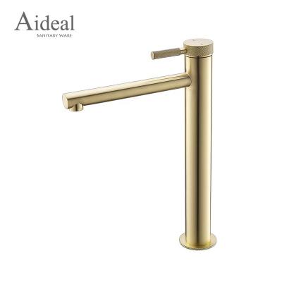 China Hot Sale Factory Metered Gold Long Body Brushed Brass Single Hole Bathroom Basin Mixer Taps for sale