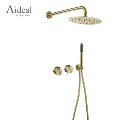 China Contemporary Sliding Bar Jiangmen Aideal Factory Free Double Handle Brushed Gold Brass Inwall Bathroom Shower Set for sale