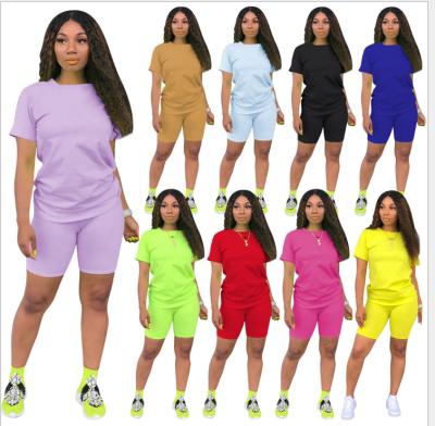 China Hot Sale Women Clothing Anti-Static Polyester Shorts Sleeves Neon Two Piece Shorts Set 2 Piece Women Casual Outfit for sale