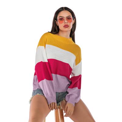 China 2021 fall hot women fashion stripes rainbow color blocking crew neck pullover sweater for women for sale