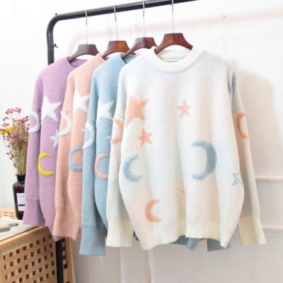 China 2021 Crewneck Cute Warm Winter Long Sleeve Lambswool Star Pattern Sweater Ladies Knit Fleece Sweater For Girl for sale