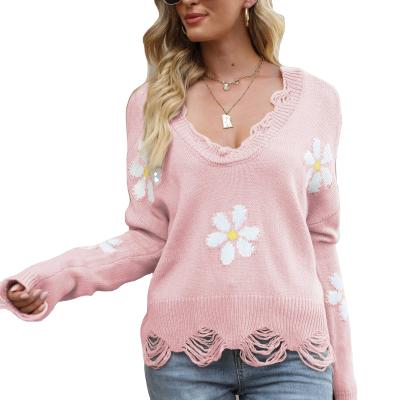 China Autumn Thin Streetwear Flowers Pattern V-Neck Jumper Pink Knit Women's Sweaters Warm Sweaters for sale