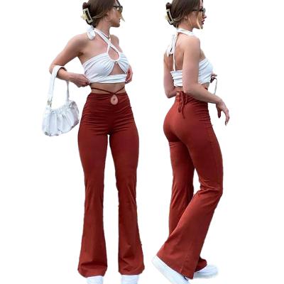 China Summer New Style Breathable Drawstring High Waisted Pants Women Flare Solid Color Casual Pants Gaiters Trousers for sale