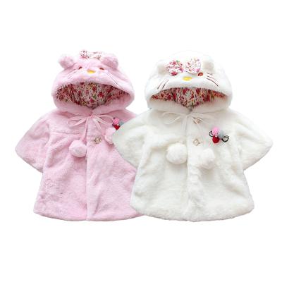 China Warm Cute 2021 Baby Hooded Cartoon Pompom Bow Winter Shawl Coat Autumn White Kids Girls Fashion Coat for sale