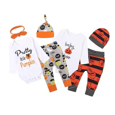 China Fashion Autumn Toddler Halloween Pumpkin Letter Polka Dot Long Sleeve And Pants Anti-Shrink Children Clothing Set Three Piece for sale