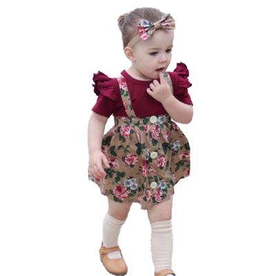 China 3 Piece Set Baby Bodysuit And Button Strap Anti-Shrink Skirt Babies Clothing Sets With Bows for sale