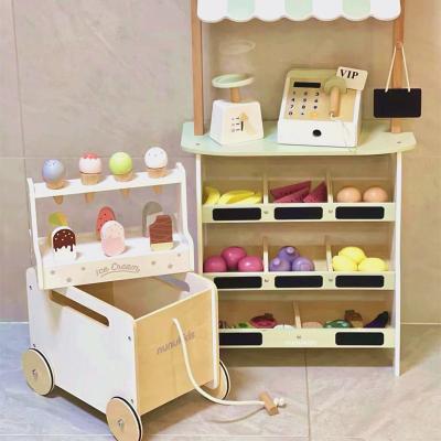 China Wooden Simulation Nunukids Children's Wooden Shop Play House Shopping Cart Solid Ice Cream Pretend Kitchen Kids Toys for sale