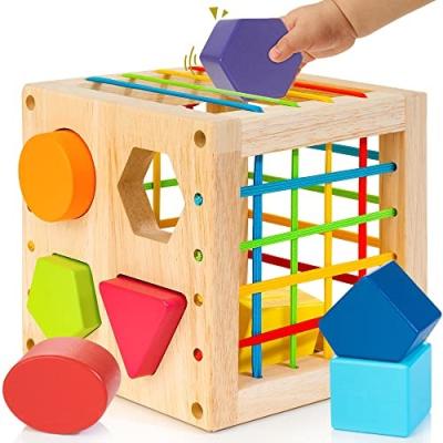 China Early Education Wooden Montessori Shape Sorter Activity Cube with 8pcs Geometric Shape Blocks and Gift Box for Christmas Toys for sale