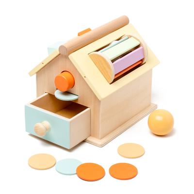 China 5 In 1 Montessori Wooden Rainbow Coin Ball Drum Drop Object Permanence Rotating Busy Houses Box Toy For Babies 18*16.5*17cm for sale