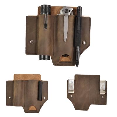 China Vintage EDC Outdoor Leather Sheath Multi-tool Holder Belt Organizer Pocket Hunting Tactical Knife Flashlight Holster Waist Packs for sale