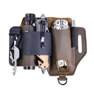 China Vintage Genuine Leather Multitool Sheath Organizer Belt Waist Bag Outdoor Storage Tool Tactical Flashlight Folding Knife Holder women for sale