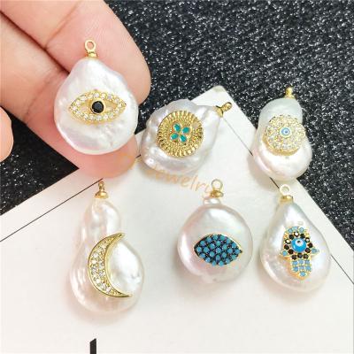 China BOHEMIA Wholesale CZ Micro Pave Crescent And Eye Charms Natural Freshwater Pearl Charms For Jewelry Making for sale