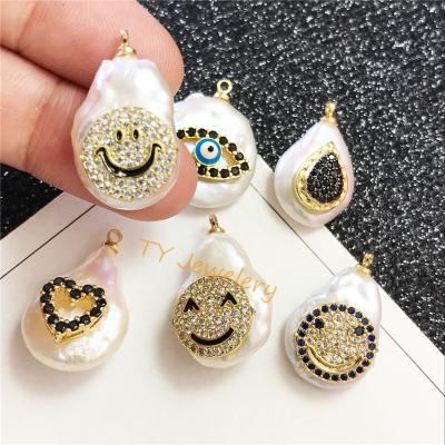 China FASHIONABLE Hot Sale Micro Pave Smile Face Shape And Eye Irregular Shape Freshwater Pearl Pendant For DIY Jewelry for sale